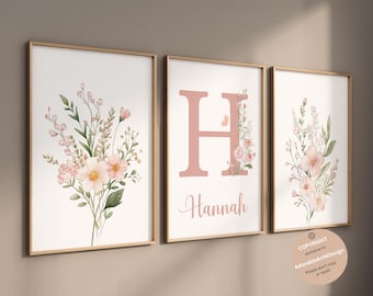 Decoración de guardería con flores silvestres, arte floral para guardería, nombre personalizado, decoración de guardería para niña, arte de pared bohemio para guardería, impresiones de flores silvestres, flores de prado