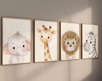 Láminas infantiles de animales de safari: Animales de la jungla en acuarela, juego de 4