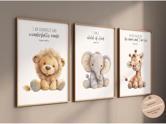 Christian nursery wall art, Bible verse nursery, Animal prints, Scripture nursery, Plush animals, Baby animal prints, Safari nursery decor
