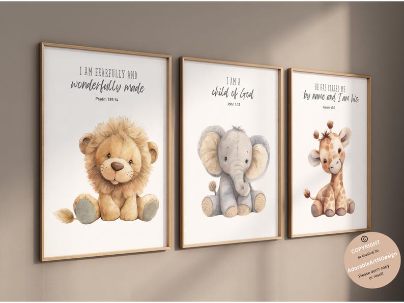 Christian nursery wall art, Bible verse nursery, Animal prints, Scripture nursery, Plush animals, Baby animal prints, Safari nursery decor, gender neutral, nursery wall art, animal wall art , baby shower gift, jungle animals,  set of 3 prints