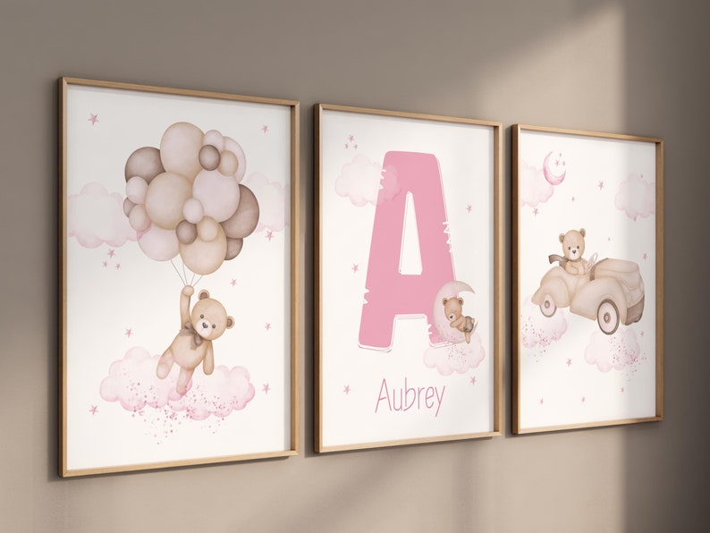 Set of 3 Custom Teddy Bear Nursery Wall Art Print| Personalized Name ...