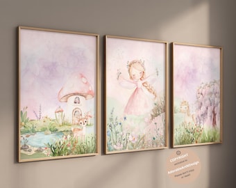 Fairy garden wall art, Fairy nursery theme decor, Fairy wall art, fairy art, set of 3, girls bedroom decor, fairy decor, girl nursery decor