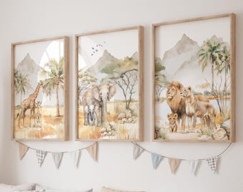 Stampe di animali della savana: illustrazioni ad acquerello della giungla per la cameretta dei bambini, set di 3
