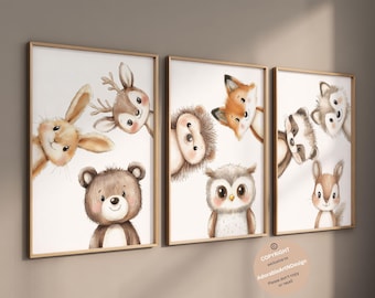 May include: Three framed wall art prints featuring watercolor-style illustrations of woodland animals including a rabbit, deer, bear, hedgehog, fox, owl, raccoon, and squirrel. A circular watermark in the bottom right corner contains the text AdorableArtNDesign.