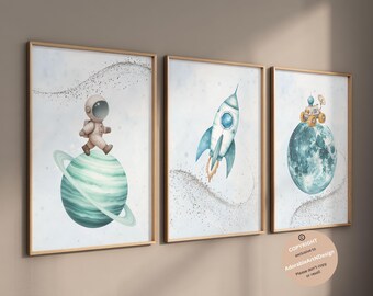Space Prints,  space nursery wall art,  Astronaut Planets  Wall Art, Outer Space Watercolour Prints, Set of 3, Rocket Posters, boys room art