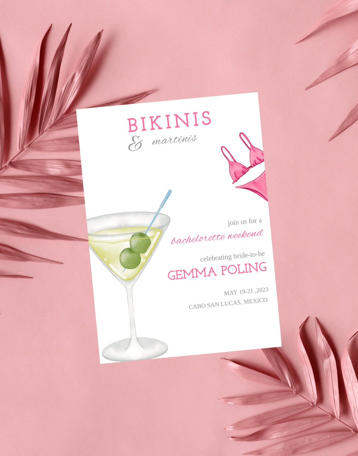 Bikinis and Martinis Invitation Bachelorette Martini Party Bikini and