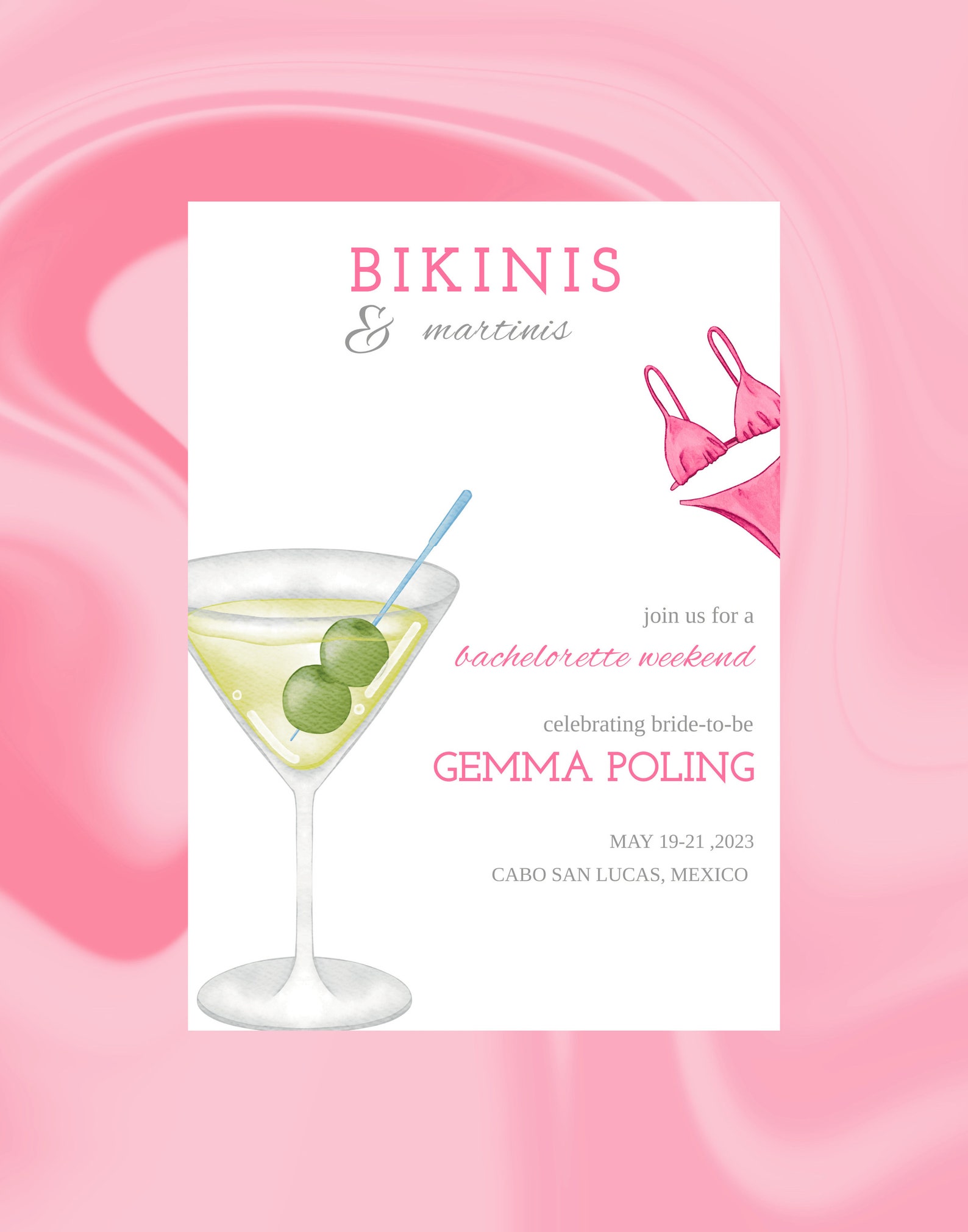 Bikinis and Martinis Invitation Bachelorette Martini Party Bikini and