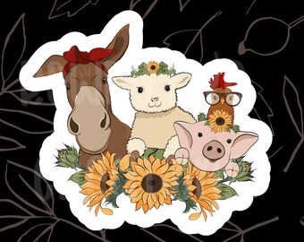 Fall Farm Animals Sticker, Laptop Sticker, Water Bottle Sticker, Water Resistant Sticker, Autumn Sunflower Sticker, Fall Scrapbook Sticker