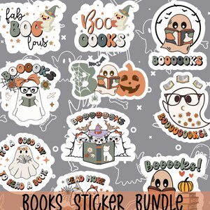 Halloween Ghosts and Books Sticker Bundle, Cute Ghosts Reading Books, 3 Inch Water Bottle Stickers, Retro Halloween Booooks Ghost Stickers