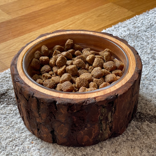 Wooden feeding bowl for dogs and cats with glass insert | Feeding bowl with paw motif for four-legged friends | Gift for pet owners | Pet accessories