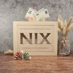 Geldgeschenk Nix | Lustige Geschenke Teenager | Kleine Geschenke für Kinder | Spardose aus Holz | Geld Verpacken Geburtstag Jugendliche