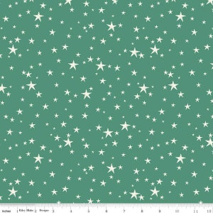 May include: Teal fabric with a white star pattern. The stars are of various sizes and are scattered randomly across the fabric.