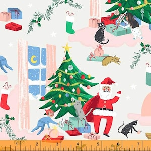May include: A festive Christmas scene featuring Santa Claus, a decorated Christmas tree, presents, and cats. The scene is set in a room with a window and curtains. The colours are bright and cheerful, with red, green, white, and blue being prominent.