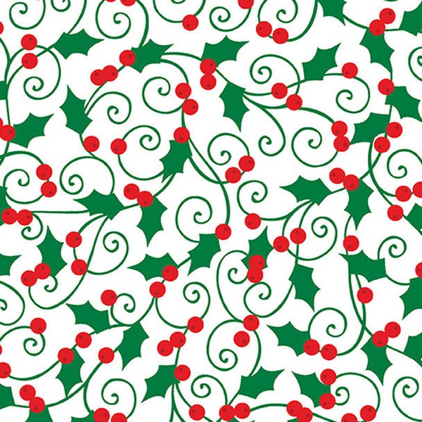 VINTAGE INSPIRED holly and berries all over white. Winter Story by Maria Kalinowski for Kanvas Holly Berry C 8623 ~ Fabric by the yard.