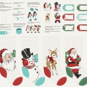 May include: A Christmas stocking fabric panel with instructions for making stockings. The panel features a red and white polka dot pattern, a green and white candy cane pattern, a red and white geometric pattern, and a blue and white geometric pattern. The panel also features images of Santa Claus, a snowman, a deer, and a stocking.