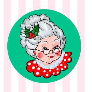 May include: A cartoon illustration of a woman with white hair wearing a red and white polka dot dress with a green holly sprig in her hair. The background is a green circle with white stripes.