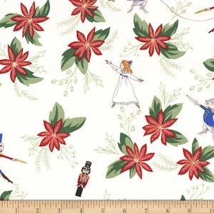 May include: White fabric with a repeating pattern of red poinsettia flowers, green leaves, a dancing girl in a white dress, a nutcracker, and a mouse soldier. The fabric is ideal for crafting projects such as quilts, cushions, and bags.