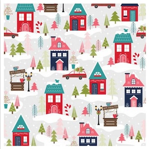 May include: A festive winter village scene with red, blue, and green houses, decorated with candy canes and snow. There are cars, trees, and a hot cocoa stand with the text "Hot Cocoa Stop".