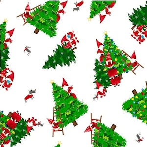 Merry Gnomeville by Kanvas Studios for Benartex. Gnomes decorating Christmas trees. CHRISTMAS Fabric 12580P-09 ~ Fabric by the yard.