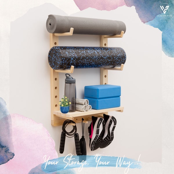 Fully Adjustable Yoga Mat Holder Shelf Home Gym Wall Organizer, Home Gym Yoga Mat Storage Rack for Yoga Accessories, Yoga Decor, Yoga Gifts!