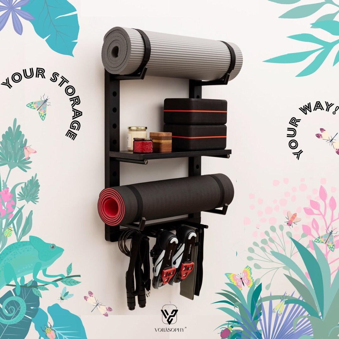 Fully Adjustable Yoga Mat Wall Holder Shelf, Yoga Mat Wall Storage Rack