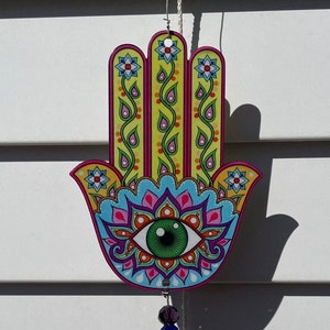 Colorful Hamsa Suncatcher w/Crystals, Evil Eye, Hand, Wall Hanging, Sun catcher