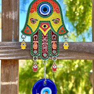 Colorful Enamel Hamsa Sun Catcher w/Glass Evil Eye, Suncatcher, Hamsa, Evil Eye