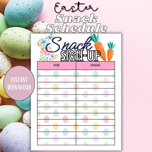 Könnte beinhalten: Druckbarer Oster-Snack-Anmeldezettel mit rosa Hintergrund. Das Blatt hat einen Titel, der "Easter Snack Schedule" und "Snack Sign-Up" lautet. Das Blatt hat eine Tabelle mit Spalten für "Name" und "Bringing". Die Tabelle ist mit einem Pastell-Eimuster verziert.