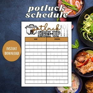 Potluck Sign Up Sheet  | Church Potluck Sign Up PDF | Work Potluck Sign Up Printable | Potluck Sign Up Form | School Potluck Schedule