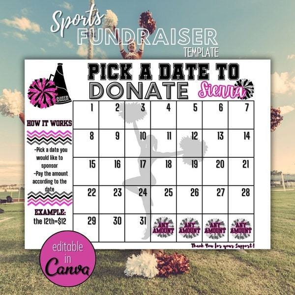 Editable Cheerleading Calendar Fundraiser Template | Clear The Board Fundraising Made Easy | 8.5x11 Digital Download | Pick a Date to Donate
