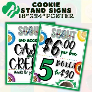 POSTER Cookie Price Sign, 6 dollars per box 5 for 30, We Accept Payments Sign, Cookies Sold Here, Printable Cookie Booth Sign, Instant