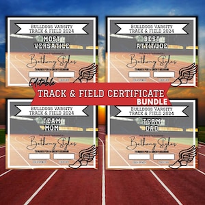 May include: Four printable track and field certificates with a gray background and a running track image. The certificates are for Most Versatile, Best Attitude, Team Mom, and Team Dad. Each certificate has a space for the recipient's name and the coaches' names.