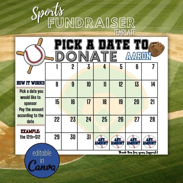 Editable Baseball Calendar Fundraiser Template | Clear The Board Fundraising Made Easy | 8.5x11 Digital Download