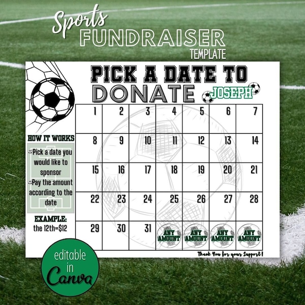 Editable Soccer Calendar Fundraiser Template | Clear The Board Fundraising Made Easy | 8.5x11 Digital Download | Pick a Date to Donate