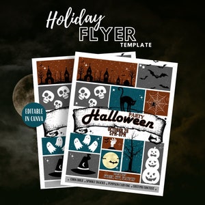 Op de afbeelding: Bewerkbare Halloween-partyflyer-sjabloon met een zwarte kat, geesten, schedels, vleermuizen en een spinnenweb. De tekst luidt "Party Halloween October 28 5PM-8PM Corn Hole, Spooky Snacks, Pumpkin Carving, Costume Contest".