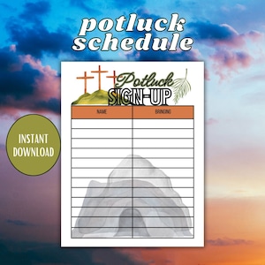 Könnte beinhalten: Druckbarer Oster-Potluck-Anmeldezettel mit einer Aquarell-Illustration eines Grabes und Kreuzen. Der Anmeldezettel hat Spalten für den Namen und das, was mitgebracht werden soll.