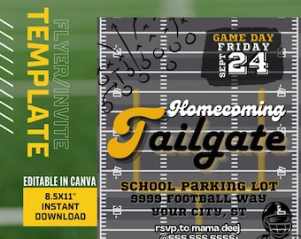 Könnte beinhalten: Ein Footballfeld-Grafik mit dem Text "Homecoming Tailgate" in Gelb und Schwarz. Der Text "Game Day Friday Sept 24" ist in Weiß und Schwarz. Der Text "School Parking Lot 9999 Football Way Your City, ST" ist in Schwarz. Der Text "rsvp.to mama.deej @555.555.5555" ist in Schwarz. Das Bild ist eine Vorlage für einen Flyer oder eine Einladung.