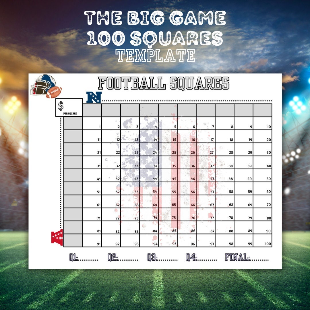 Football Squares Printable, the Big Game Squares, 100 Square Football Football Squares Printable, the Big Game Squares, 100 Square Football