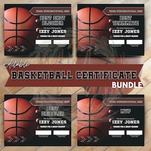 Basketball Award Certificate Editable Award Ceremony Printable End of Season Basketball Canva Basketball Team Party Printable Template