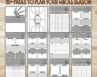 Op de afbeelding: Een printbare basketbalcoachplanner met meer dan 35 pagina's om je hele seizoen te plannen. De planner bevat pagina's voor try-out planning, oefeningen, schema's, vaardigheidsevaluaties, spelersbeoordelingen, conditioneringsoefeningen, to-do-lijsten en een rooster.