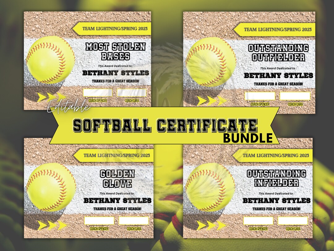 Editable Softball Award Certificates, Award Ceremony Certificates, End of Season Softball Award