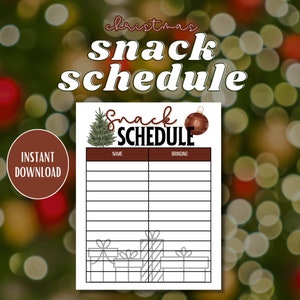 Könnte beinhalten: Ein druckbarer Weihnachts-Snack-Plan mit einem festlichen Design mit einem Weihnachtsbaum, einem Ornament und Geschenken. Der Plan hat Spalten für Namen und was sie mitbringen.