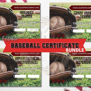 Editable Baseball Award Certificates, Award Ceremony Certificates, End of Season Baseball Award, Baseball Team Printables, Edit with Canva
