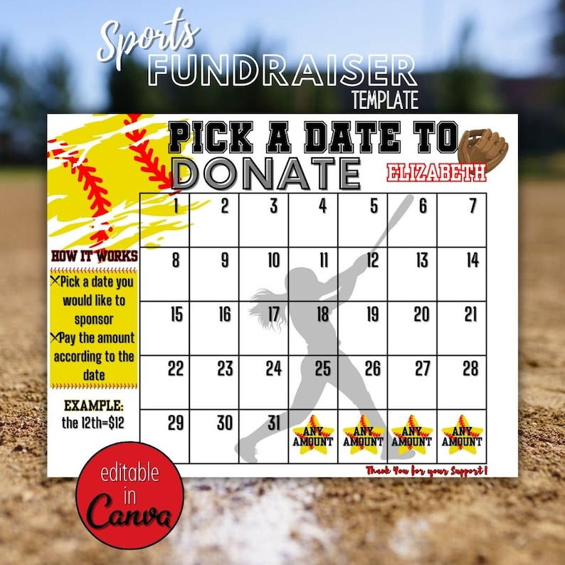 Editable Softball Calendar Fundraiser Template Clear the Board
