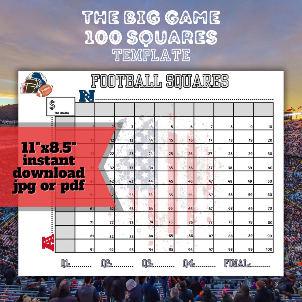 Football Squares Printable, the Big Game Squares, 100 Square Football ...