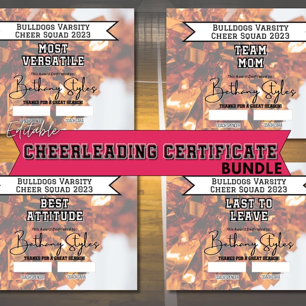 Editable Cheerleading Award Certificates, Award Ceremony Certificates, End of Season Cheer Award, Cheer Squad Printables, Edit with Canva