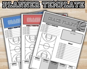 Op de afbeelding: Afdrukbare basketbalcoach-plannertemplate met een basketbalvelddiagram, wekelijkse prioriteiten, oefeningen en notitiegedeeltes. De sjabloon is ontworpen voor coaches om hun trainingen en wedstrijden te plannen.