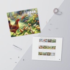 Calendario de gallinas en acuarela 2026 – Calendario colgante de cocina de granja