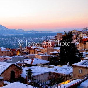 Winter in Safed, with the sun setting over Meron in the background  - Digital Download Wall Art, Israel Photography