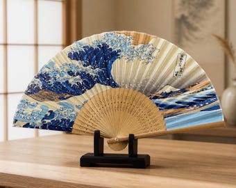 シルク製折りたたみ扇子 - 波型 - 扇子 - 日本の折りたたみ扇子 - 木製手作り - 手作りの折りたたみ扇子